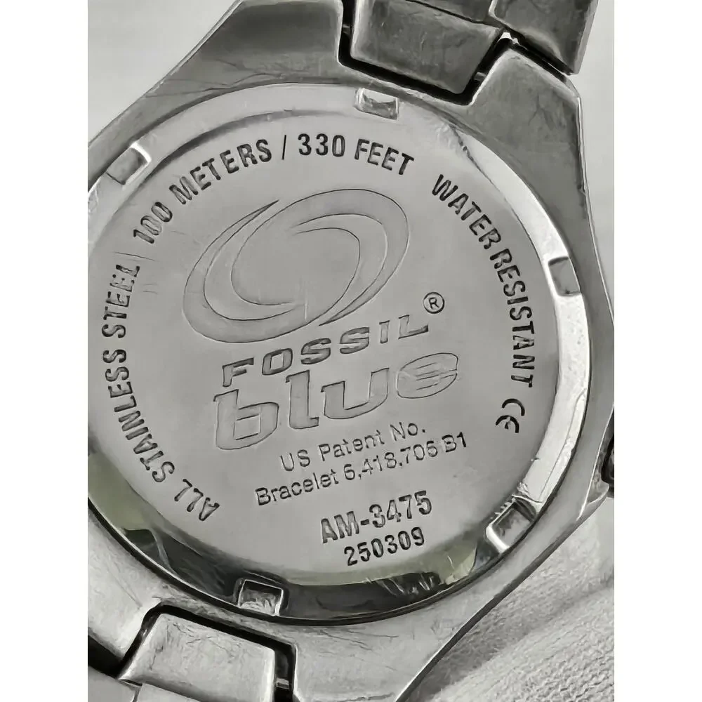 Mens Fossil Blue AM-3457 Water Resistant 100m Date IndicatorNew Battery Runs